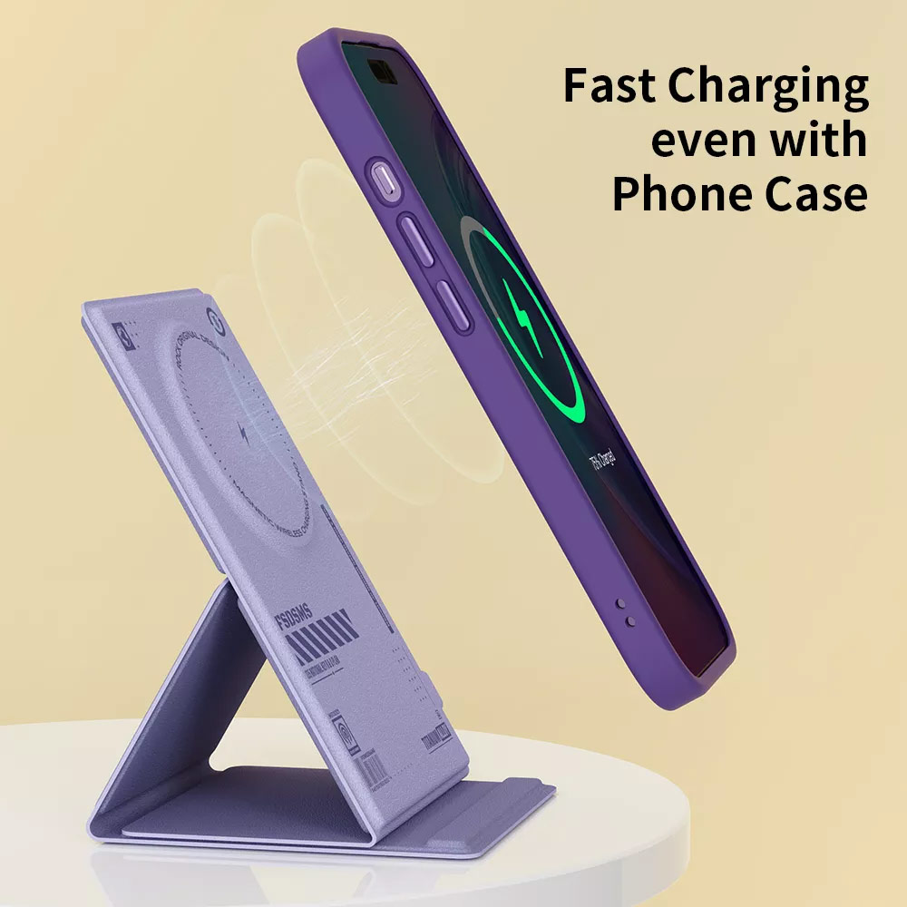 Picture of ROCK W50 PU Leather Phone Holder Stand with Magnetic Wireless Charging Fast Wireless Charger 15W Max for IPhone 14 Pro Max 13 Pro Max 12 Pro Max (Purple)