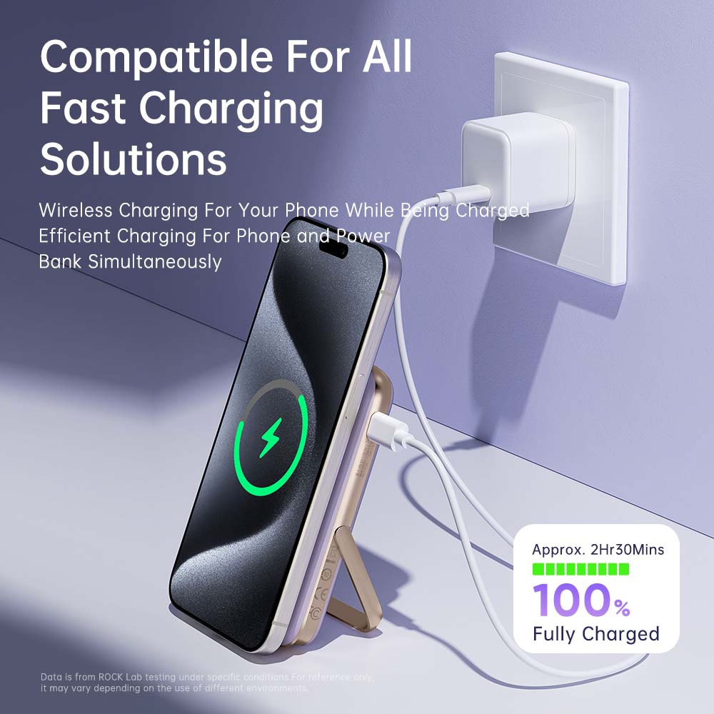 Picture of Rock PD30W 15W Magnetic Wireless Charging Fast Charge 10000mAh Travel Portable Small Palm Size Compact Mini Power Bank powerbank Stand Holder (Black)