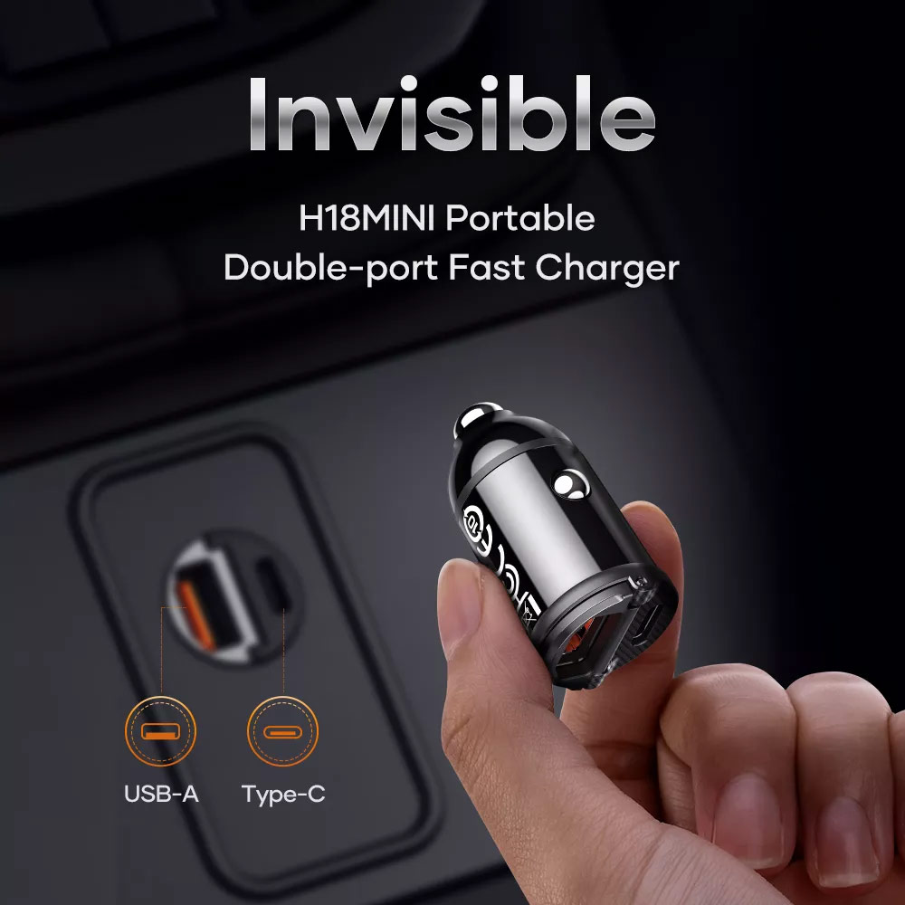 Picture of Rock Mini Compact Dual Port USB Type C USB A  Fast Charge Car Charger PD 30W Max for iPhone 14 Pro Max S22 Ultra (Black)