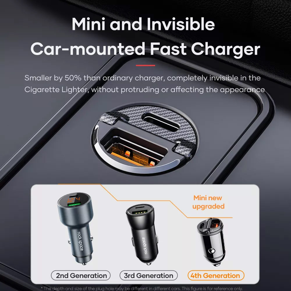 Picture of Rock Mini Compact Dual Port USB Type C USB A  Fast Charge Car Charger PD 30W Max for iPhone 14 Pro Max S22 Ultra (Black)