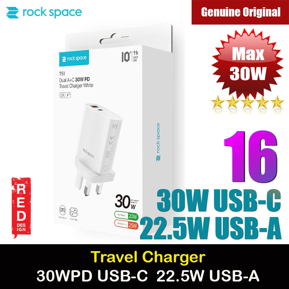 Picture of Rock Space T51 30W Max Dual Port Fast Charge Travel Charger for IOS Android iPhone 16 Pro Max (White) Red Design- Red Design Cases, Red Design Covers, iPad Cases and a wide selection of Red Design Accessories in Malaysia, Sabah, Sarawak and Singapore 