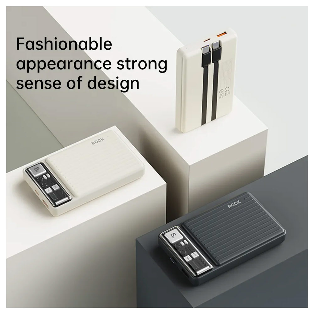 Picture of Rock P92 Fast Charge PD 20W 10000mAh Travel Portable Small Palm Size Compact Mini Power Bank powerbank with Multiple Built in Cable USB C USB L (Black)
