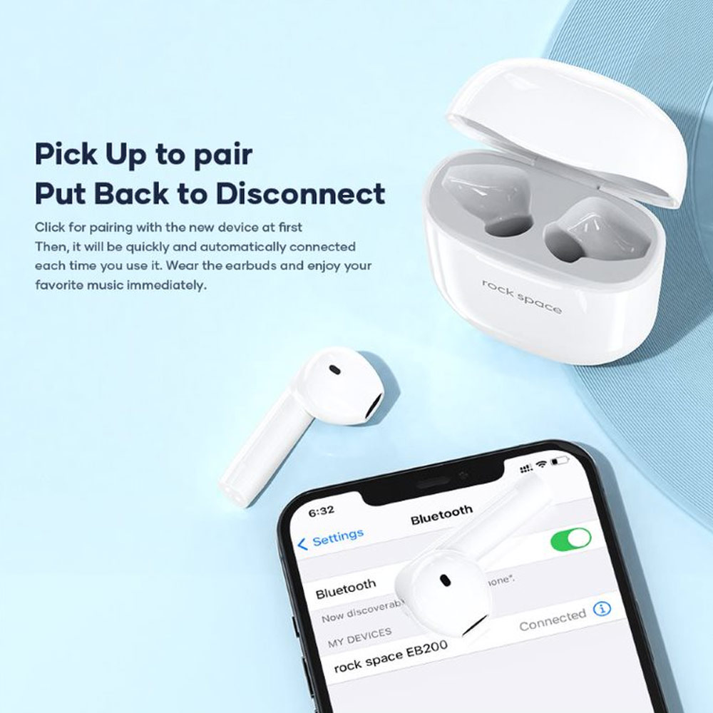 Picture of Rock Space EB200 Lightweight Bluetooth 5.0 TWS True Wireless Bluetooth Earphone Earbuds for iPhone and Android Smartphone (White)