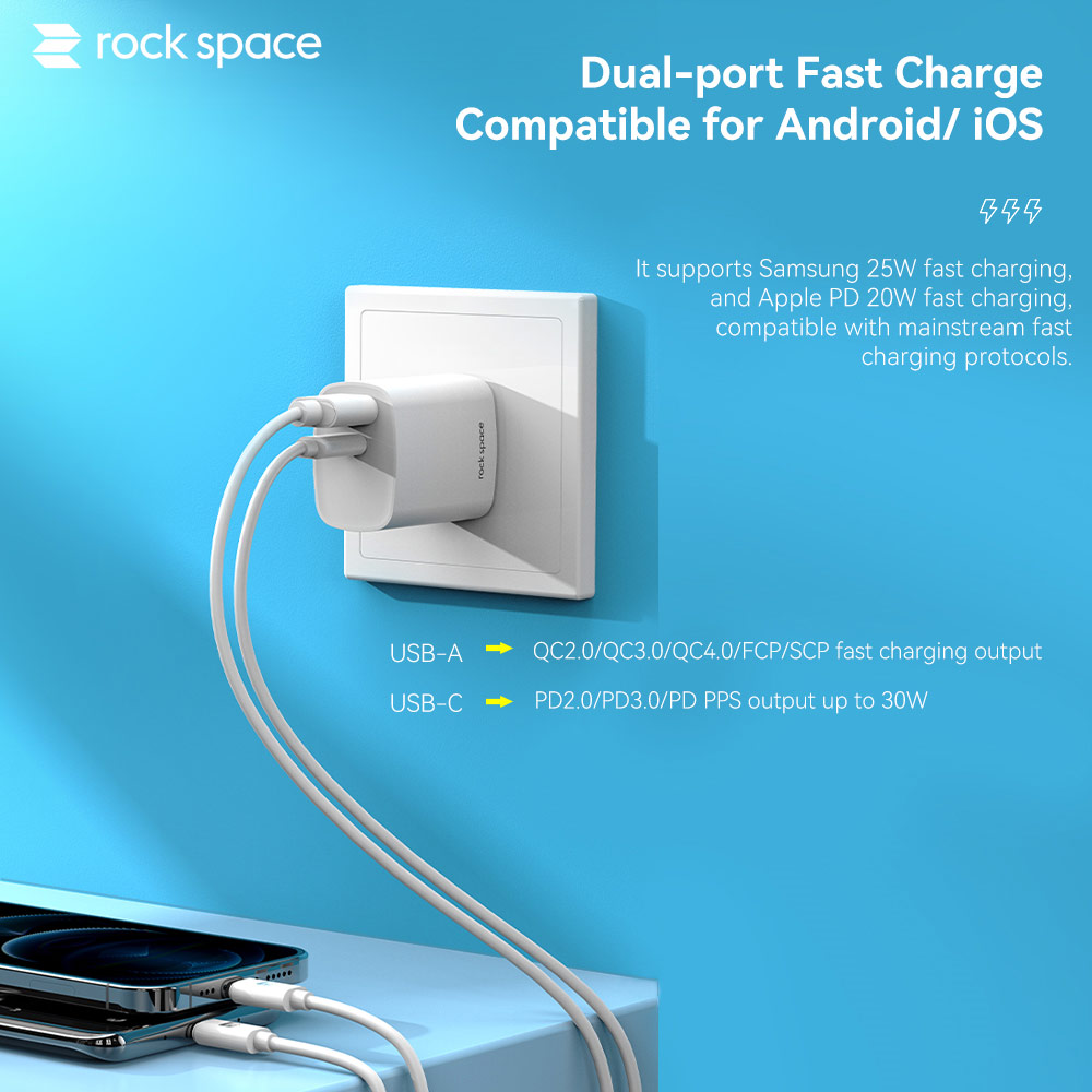 Picture of Rock Space T51 30W Max Dual Port Fast Charge Travel Charger for IOS Android iPhone 16 Pro Max (White)