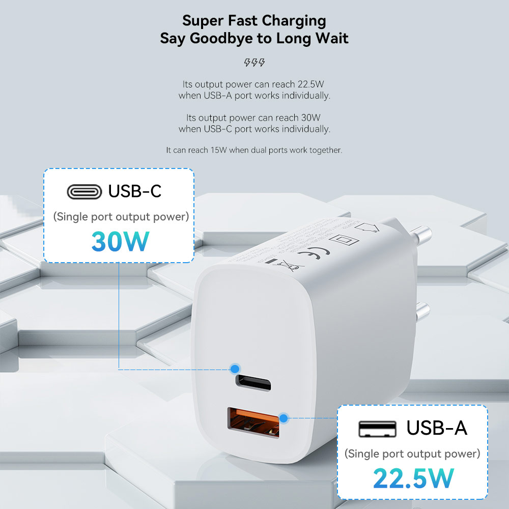 Picture of Rock Space T51 30W Max Dual Port Fast Charge Travel Charger for IOS Android iPhone 16 Pro Max (White)