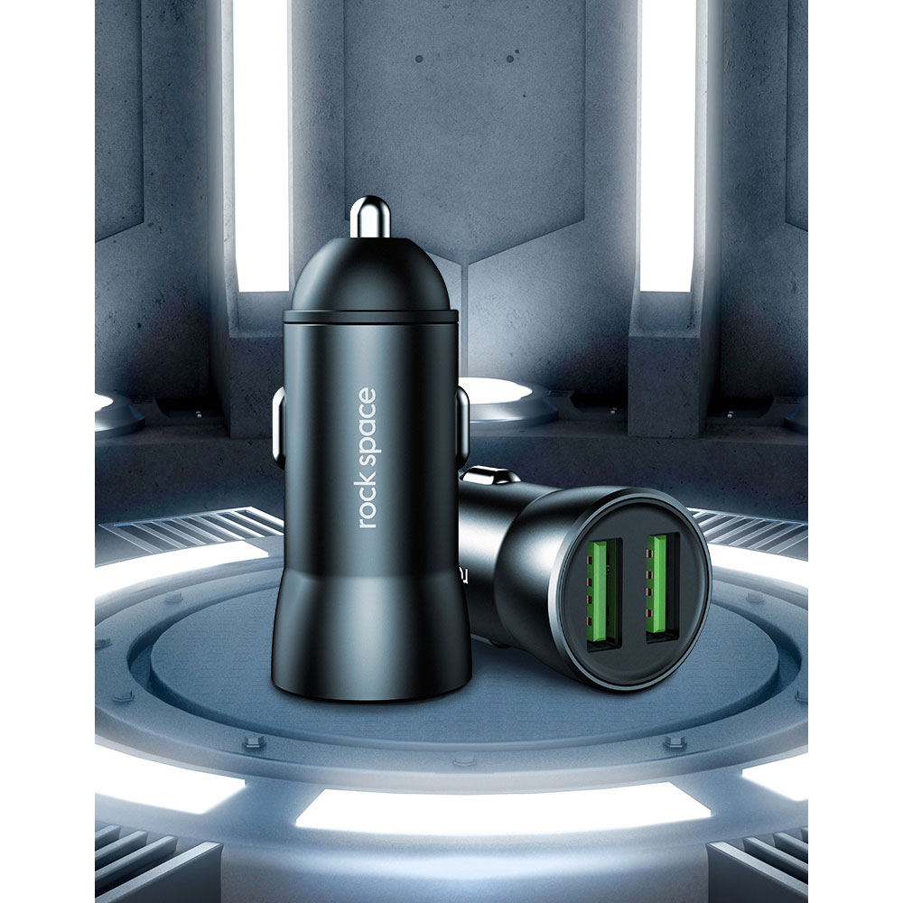 Picture of Rock Space Dual USB 2 USB Fast Charger Car Charger 2.4A 12W Max (Black)