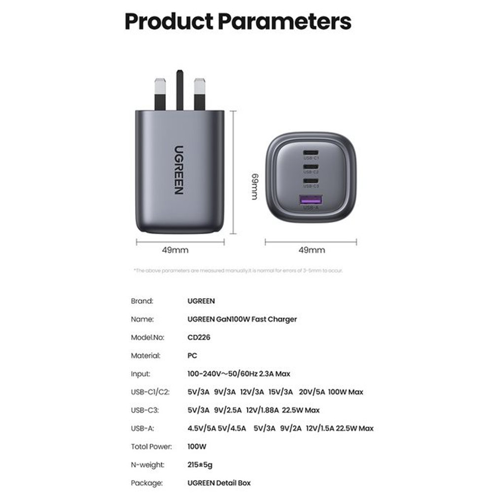 Picture of Samsung Galaxy S23 Charger | UGREEN PD 100W 65W 30W 20W GaN Fast Charger UK 3 USB C 1 USB A Port 4 Port Mini Compact Charger For iPhone 14 Pro Max Galaxy S23 Ultra (UK)