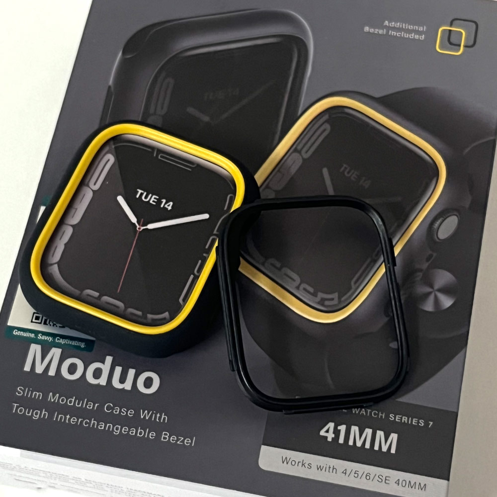 Picture of Apple Watch 41mm Case | Uniq Moduo Mix and Match Color TPU Bumper with Polycarbonate Bezel Series Case for Apple Watch 41mm 40mm (Black Mustard)