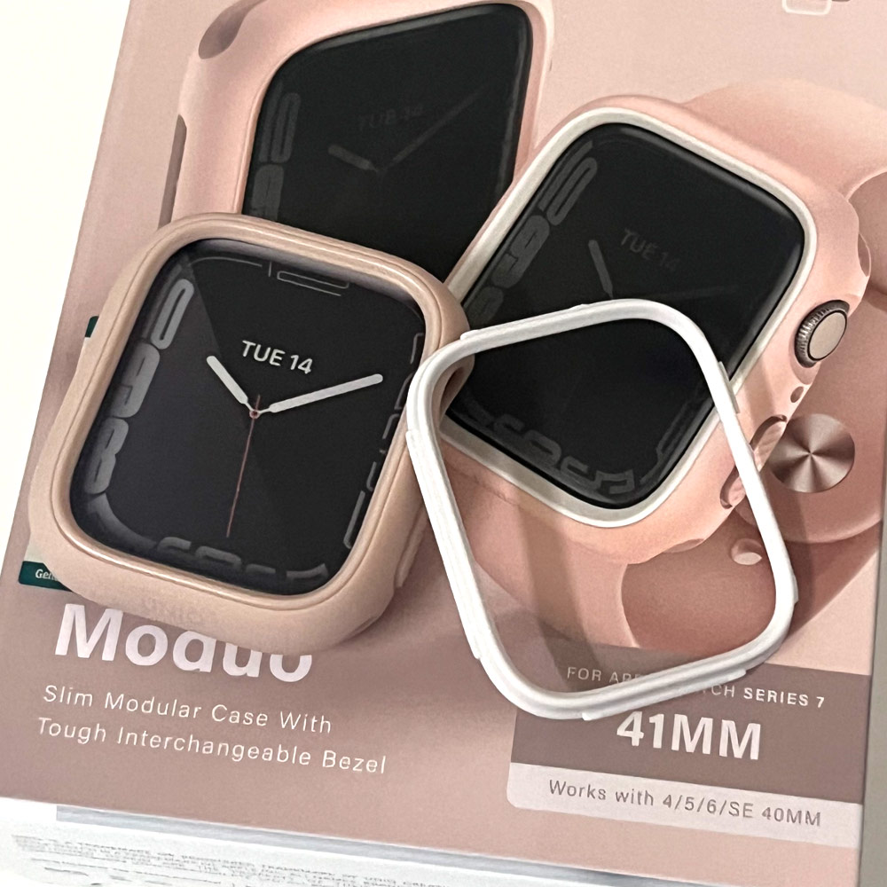 Picture of Apple Watch 41mm Case | Uniq Moduo Mix and Match Color TPU Bumper with Polycarbonate Bezel Series Case for Apple Watch 41mm 40mm (Pink White)