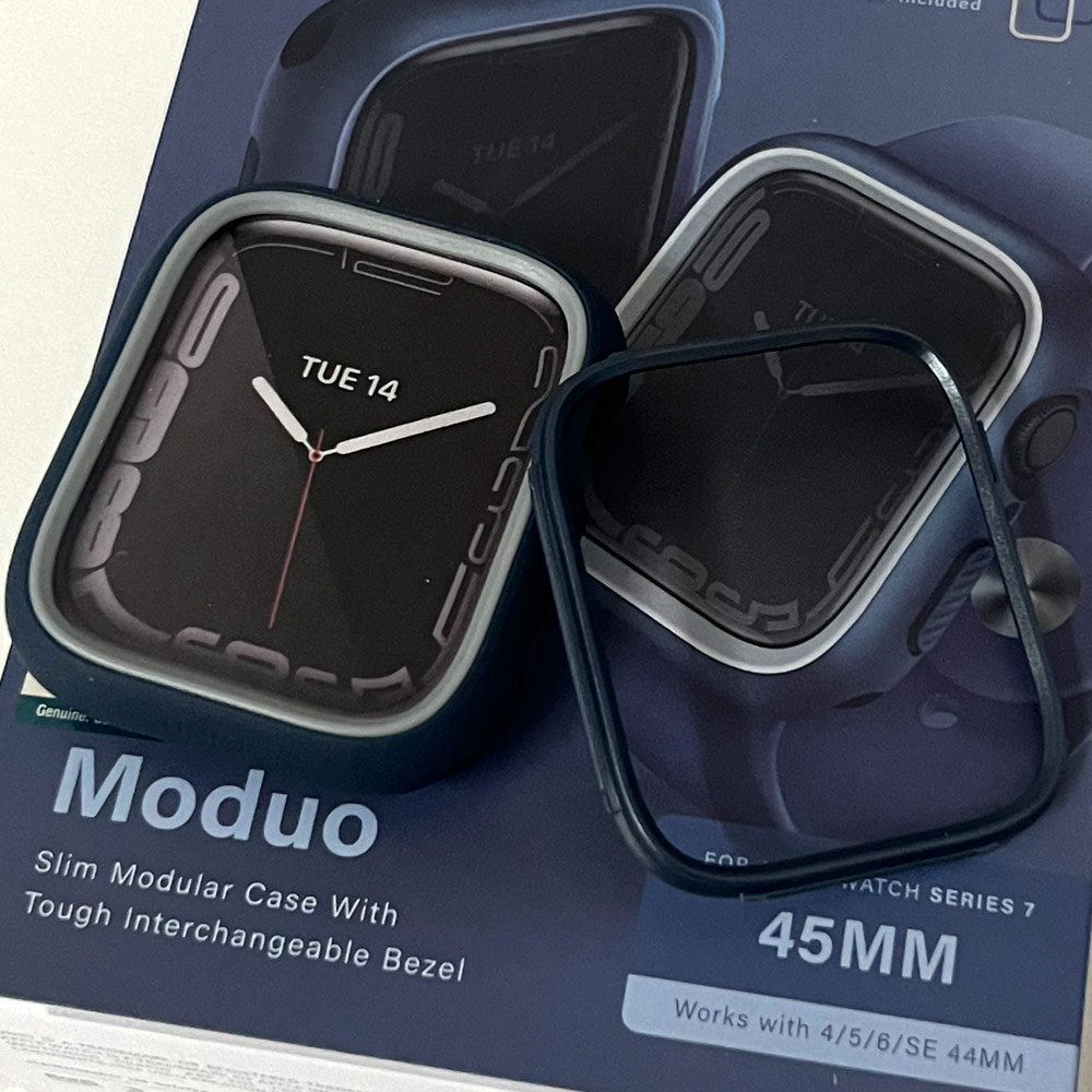 Picture of Apple Watch 45mm Case | Uniq Moduo Mix and Match Color TPU Bumper with Polycarbonate Bezel Series Case for Apple Watch 45mm 44mm (Blue Grey)