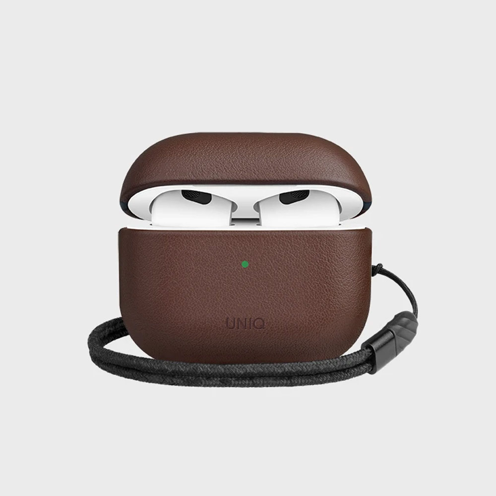 Picture of Apple Airpods 3 Case | Uniq Terra Airpod Genuine Leather Snap Case with Braided Wrist Strap for Airpods 3 Airpods 3rd Gen (Sepia Brown)