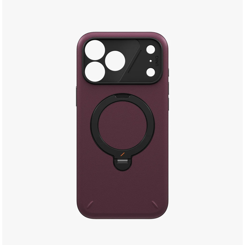 Picture of Apple iPhone 18 Pro Case | Uniq Elix 360 Kickstand Leather Drop Protection Magnetic Case with Camera Control Button for iPhone 18 Pro - Deep Maroon