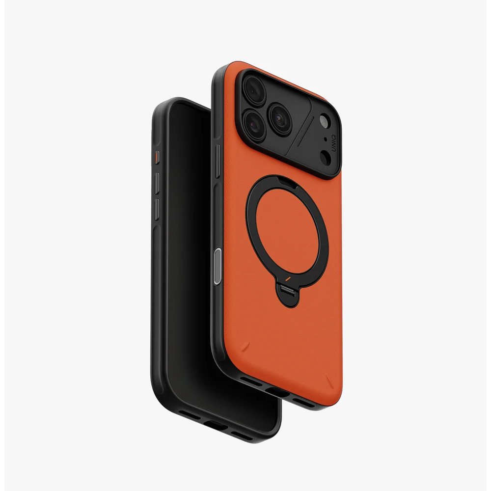 Picture of Apple iPhone 18 Pro Case | Uniq Elix 360 Kickstand Leather Drop Protection Magnetic Case with Camera Control Button for iPhone 18 Pro - Volt Orange