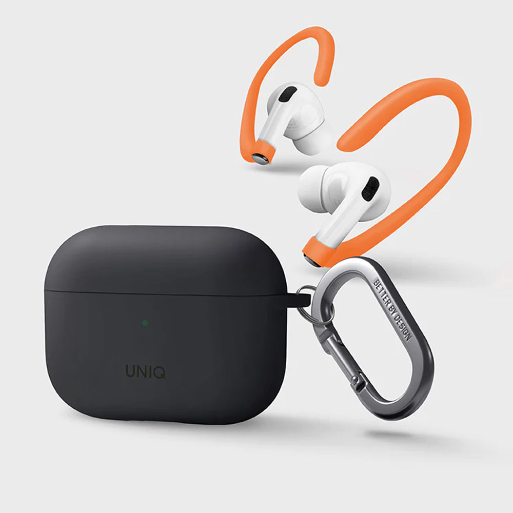 Picture of Apple Airpods Pro 2 Case | Uniq Nexo Semi Soft Liquid Silicone Protective Case with Sports Ear Hooks Aluminium Carabiner for Apple Airpods Pro 2 (Grey)