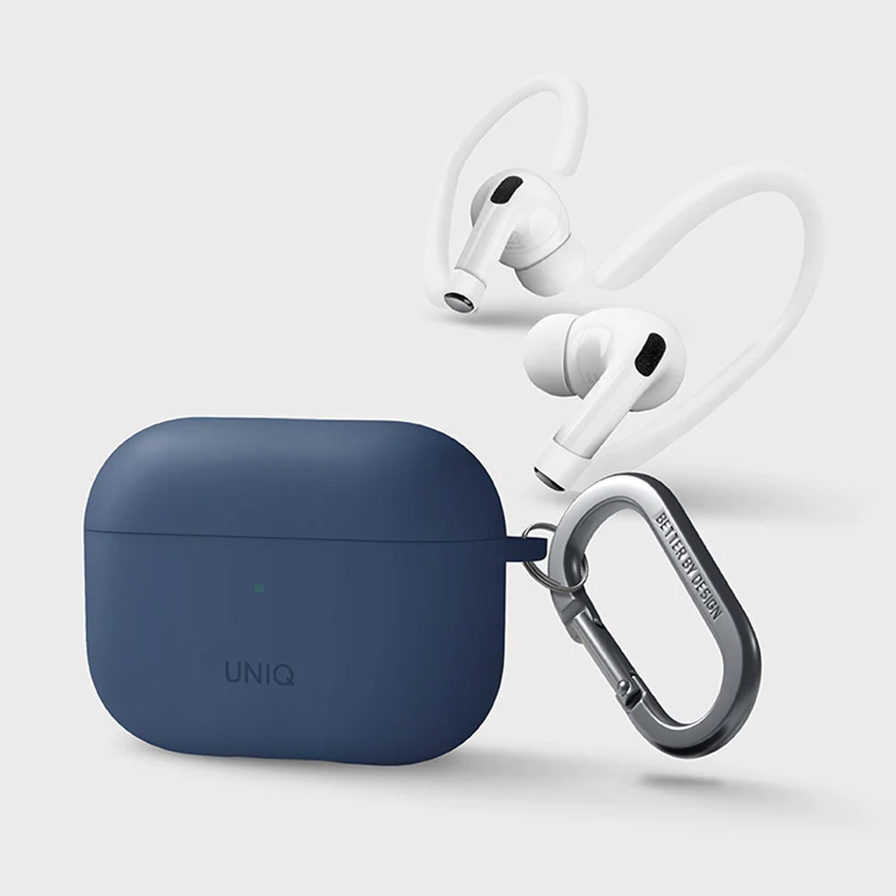 Picture of Apple Airpods Pro 2 Case | Uniq Nexo Semi Soft Liquid Silicone Protective Case with Sports Ear Hooks Aluminium Carabiner for Apple Airpods Pro 2 (Blue)