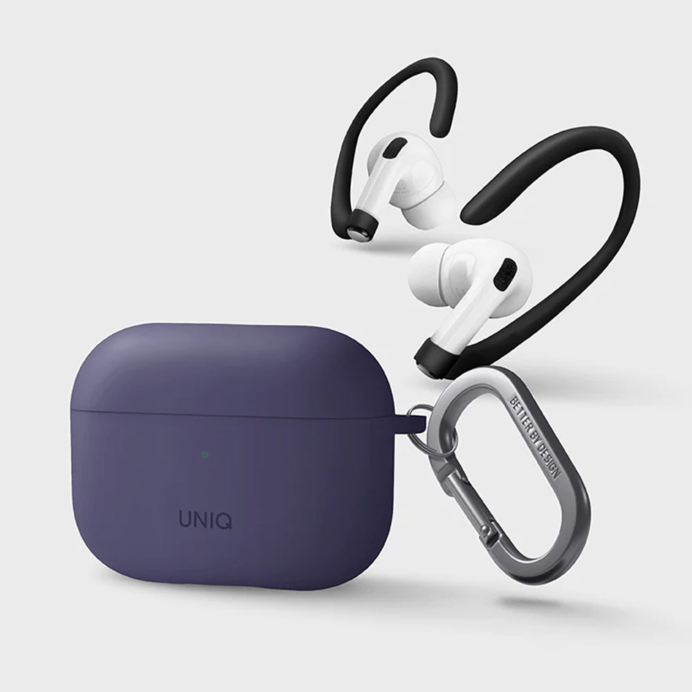 Picture of Apple Airpods Pro 2 Case | Uniq Nexo Semi Soft Liquid Silicone Protective Case with Sports Ear Hooks Aluminium Carabiner for Apple Airpods Pro 2 (Purple)