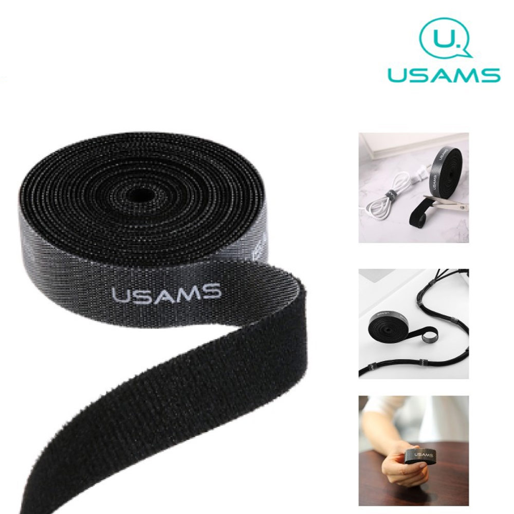 Picture of USAMS Cable Management Winder Velcro hook and loop fastener free cut strap strong velcro Strap Cable Ties Strap Holder Adhesive Cable Organizer (2cm width Black 300cm)