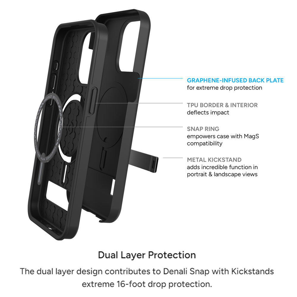 Picture of Apple iPhone 15 Pro Max 6.7 Case | Zagg Denali Snap Kickstand Magnetic Dual Layer Drop Protection Case for iPhone 15 Pro Max 6.7 (Black)