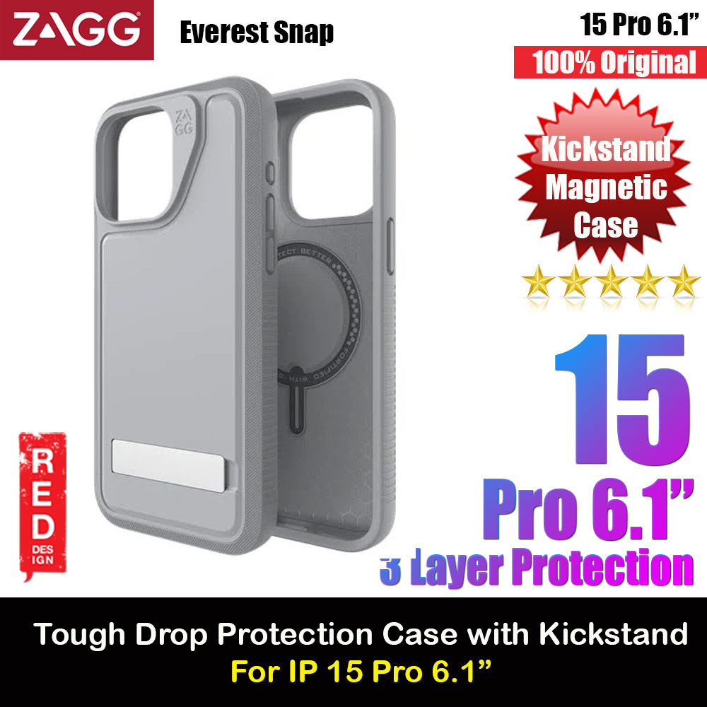 Picture of Apple iPhone 15 Pro 6.1 Case | Zagg Everest Snap Extreme Magnetic Non Slip Drop Protection Case with Kickstand for iPhone 15 Pro 6.1 (Gray)
