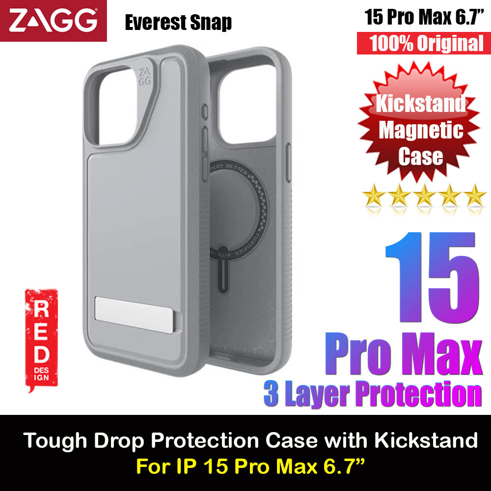 Picture of Apple iPhone 15 Pro Max 6.7 Case | Zagg Everest Snap Extreme Magnetic Non Slip Drop Protection Case with Kickstand for iPhone 15 Pro Max 6.7 (Gray)